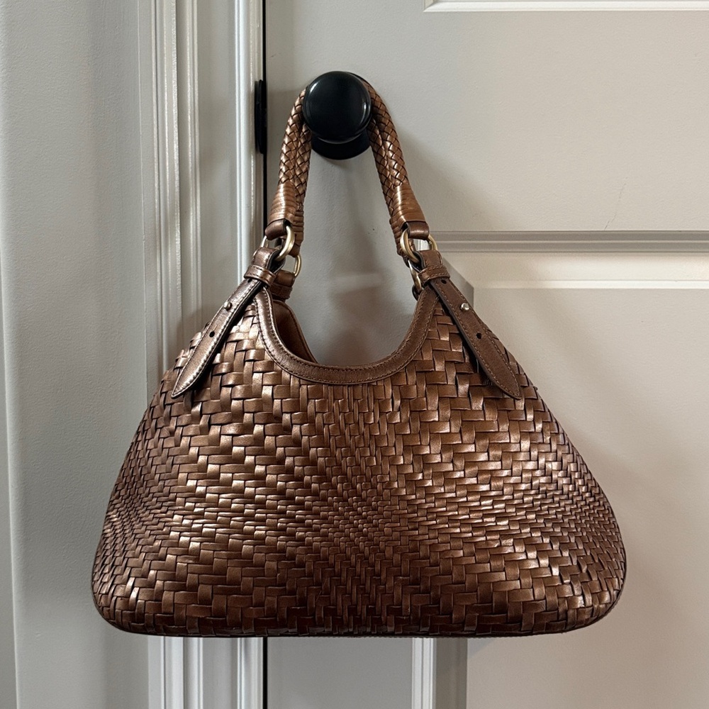 Vintage Cole Haan Metallic Brown Woven Shoulder Bag Triangle Tote
